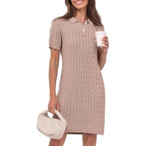 imageANRABESS Short Sleeve Sweater Dress for Women Summer Casual V Neck Cable Knit Mini Polo Dresses 2025 TrendyKhaki