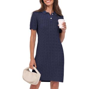 imageANRABESS Short Sleeve Sweater Dress for Women Summer Casual V Neck Cable Knit Mini Polo Dresses 2025 TrendyNavy Blue