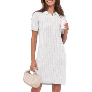 imageANRABESS Short Sleeve Sweater Dress for Women Summer Casual V Neck Cable Knit Mini Polo Dresses 2025 TrendyWhite