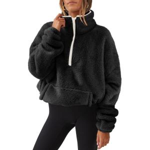 imageANRABESS Sweatshirt for Women Zip Up Hoodies Cropped Pullover Fleece Hooded Sherpa Sweaters Tops 2025 Fall Winter ClothesBlack