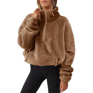 imageANRABESS Sweatshirt for Women Zip Up Hoodies Cropped Pullover Fleece Hooded Sherpa Sweaters Tops 2025 Fall Winter ClothesBrown