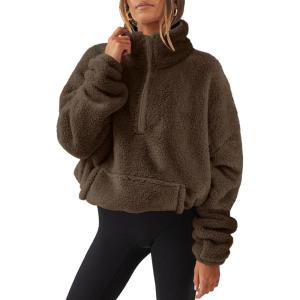 imageANRABESS Sweatshirt for Women Zip Up Hoodies Cropped Pullover Fleece Hooded Sherpa Sweaters Tops 2025 Fall Winter ClothesDeep Brown