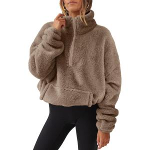 imageANRABESS Sweatshirt for Women Zip Up Hoodies Cropped Pullover Fleece Hooded Sherpa Sweaters Tops 2025 Fall Winter ClothesDeep Khaki