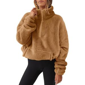 imageANRABESS Sweatshirt for Women Zip Up Hoodies Cropped Pullover Fleece Hooded Sherpa Sweaters Tops 2025 Fall Winter ClothesLight Brwon