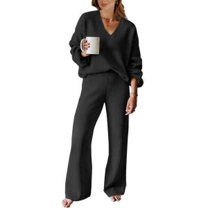 imageANRABESS Women 2 Piece Outfits Sweater Lounge Sets Long Sleeve Cable Knit Pullover and Wide Leg Pants Tracksuit Matching SetBlack