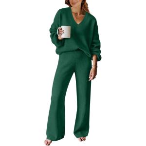 imageANRABESS Women 2 Piece Outfits Sweater Lounge Sets Long Sleeve Cable Knit Pullover and Wide Leg Pants Tracksuit Matching SetDark Green