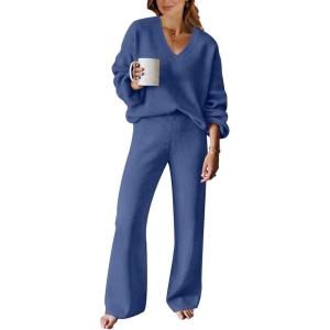 imageANRABESS Women 2 Piece Outfits Sweater Lounge Sets Long Sleeve Cable Knit Pullover and Wide Leg Pants Tracksuit Matching SetDeep Blue