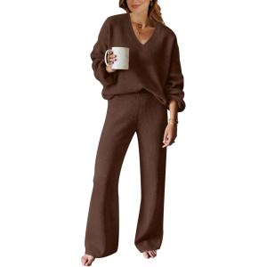 imageANRABESS Women 2 Piece Outfits Sweater Lounge Sets Long Sleeve Cable Knit Pullover and Wide Leg Pants Tracksuit Matching SetDeep Brown