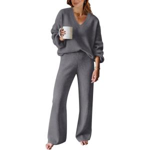 imageANRABESS Women 2 Piece Outfits Sweater Lounge Sets Long Sleeve Cable Knit Pullover and Wide Leg Pants Tracksuit Matching SetDeep Grey