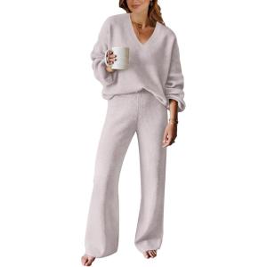 imageANRABESS Women 2 Piece Outfits Sweater Lounge Sets Long Sleeve Cable Knit Pullover and Wide Leg Pants Tracksuit Matching SetGrey