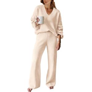 imageANRABESS Women 2 Piece Outfits Sweater Lounge Sets Long Sleeve Cable Knit Pullover and Wide Leg Pants Tracksuit Matching SetKhaki