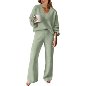 imageANRABESS Women 2 Piece Outfits Sweater Lounge Sets Long Sleeve Cable Knit Pullover and Wide Leg Pants Tracksuit Matching SetMint Green