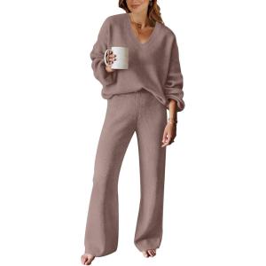 imageANRABESS Women 2 Piece Outfits Sweater Lounge Sets Long Sleeve Cable Knit Pullover and Wide Leg Pants Tracksuit Matching SetPink Almond