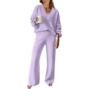 imageANRABESS Women 2 Piece Outfits Sweater Lounge Sets Long Sleeve Cable Knit Pullover and Wide Leg Pants Tracksuit Matching SetPurple