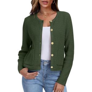 imageANRABESS Women Cardigan Sweater Dressy Casual Classic Long Sleeve Crew Neck Button Down Tweed Knit Jacket 2025 Fall OutfitsArmy Green