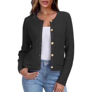 imageANRABESS Women Cardigan Sweater Dressy Casual Classic Long Sleeve Crew Neck Button Down Tweed Knit Jacket 2025 Fall OutfitsBlack