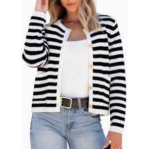 imageANRABESS Women Cardigan Sweater Dressy Casual Classic Long Sleeve Crew Neck Button Down Tweed Knit Jacket 2025 Fall OutfitsBlack White Strip