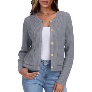 imageANRABESS Women Cardigan Sweater Dressy Casual Classic Long Sleeve Crew Neck Button Down Tweed Knit Jacket 2025 Fall OutfitsGrey