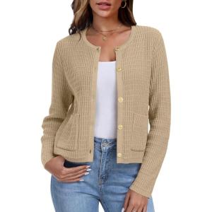 imageANRABESS Women Cardigan Sweater Dressy Casual Classic Long Sleeve Crew Neck Button Down Tweed Knit Jacket 2025 Fall OutfitsKhaki