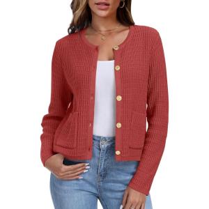 imageANRABESS Women Cardigan Sweater Dressy Casual Classic Long Sleeve Crew Neck Button Down Tweed Knit Jacket 2025 Fall OutfitsOrange Red