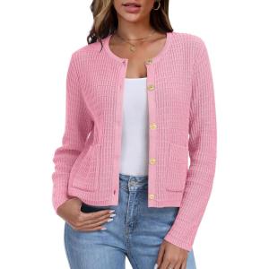 imageANRABESS Women Cardigan Sweater Dressy Casual Classic Long Sleeve Crew Neck Button Down Tweed Knit Jacket 2025 Fall OutfitsPink