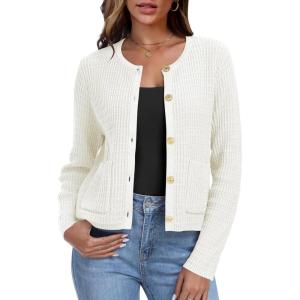 imageANRABESS Women Cardigan Sweater Dressy Casual Classic Long Sleeve Crew Neck Button Down Tweed Knit Jacket 2025 Fall OutfitsWhite