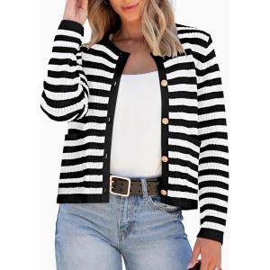 imageANRABESS Women Cardigan Sweater Dressy Casual Classic Long Sleeve Crew Neck Button Down Tweed Knit Jacket 2025 Fall OutfitsWhite Black Strip