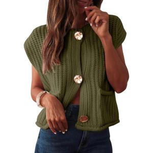 imageANRABESS Women Chunky Knit Sweater Vest Button Down Casual Sleeveless Cardigan with Pockets Spring Trendy Outfits 2025Army Green