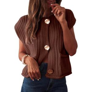 imageANRABESS Women Chunky Knit Sweater Vest Button Down Casual Sleeveless Cardigan with Pockets Spring Trendy Outfits 2025Coffee