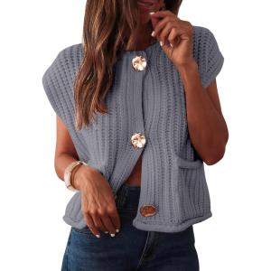 imageANRABESS Women Chunky Knit Sweater Vest Button Down Casual Sleeveless Cardigan with Pockets Spring Trendy Outfits 2025Gray