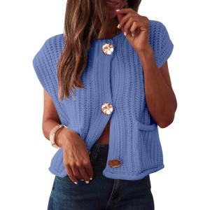 imageANRABESS Women Chunky Knit Sweater Vest Button Down Casual Sleeveless Cardigan with Pockets Spring Trendy Outfits 2025Light Blue