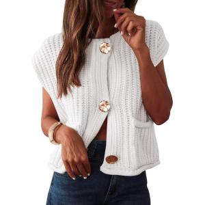imageANRABESS Women Chunky Knit Sweater Vest Button Down Casual Sleeveless Cardigan with Pockets Spring Trendy Outfits 2025White