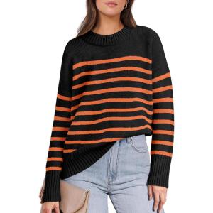 imageANRABESS Women Fall Fashion Sweaters Striped Long Sleeve Crewneck Loose Fit Cozy Knit Trendy Pullover Sweater TopsBlack Orange Stripe