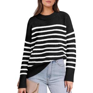 imageANRABESS Women Fall Fashion Sweaters Striped Long Sleeve Crewneck Loose Fit Cozy Knit Trendy Pullover Sweater TopsBlack White Stripe