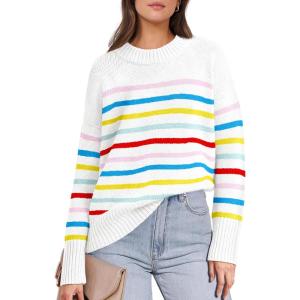 imageANRABESS Women Fall Fashion Sweaters Striped Long Sleeve Crewneck Loose Fit Cozy Knit Trendy Pullover Sweater TopsRainbow