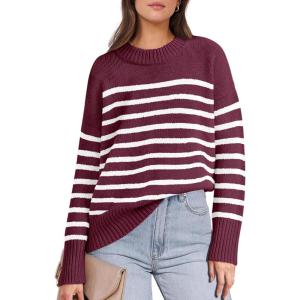 imageANRABESS Women Fall Fashion Sweaters Striped Long Sleeve Crewneck Loose Fit Cozy Knit Trendy Pullover Sweater TopsRed White Stripe