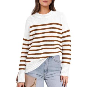 imageANRABESS Women Fall Fashion Sweaters Striped Long Sleeve Crewneck Loose Fit Cozy Knit Trendy Pullover Sweater TopsWhite Camel Stripe