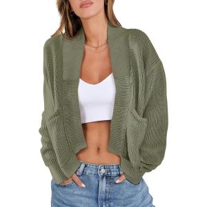 imageANRABESS Women Jackets Sweaters Long Sleeve Open Front Loose Lightweight Knit Cropped Cardigan 2025 Fall Trendy CoatsArmy Green