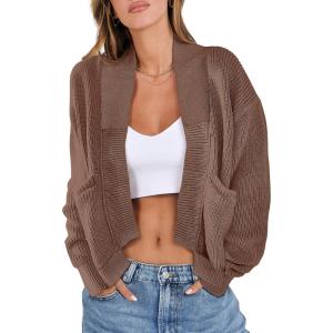 imageANRABESS Women Jackets Sweaters Long Sleeve Open Front Loose Lightweight Knit Cropped Cardigan 2025 Fall Trendy CoatsBrown
