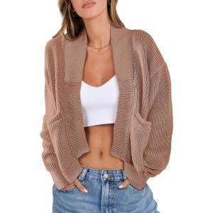 imageANRABESS Women Jackets Sweaters Long Sleeve Open Front Loose Lightweight Knit Cropped Cardigan 2025 Fall Trendy CoatsCamel