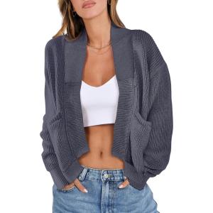 imageANRABESS Women Jackets Sweaters Long Sleeve Open Front Loose Lightweight Knit Cropped Cardigan 2025 Fall Trendy CoatsDeep Grey