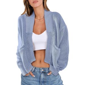 imageANRABESS Women Jackets Sweaters Long Sleeve Open Front Loose Lightweight Knit Cropped Cardigan 2025 Fall Trendy CoatsLight Blue