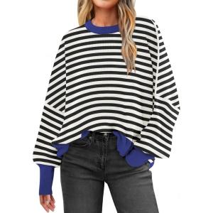 imageANRABESS Women Oversized Sweaters Batwing Long Sleeve 2025 Fall Outfits Crewneck Casual Knit Side Slit Fashion Pullover TopBlack White