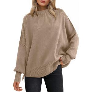 imageANRABESS Women Oversized Sweaters Batwing Long Sleeve 2025 Fall Outfits Crewneck Casual Knit Side Slit Fashion Pullover TopBright Tan