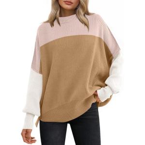 imageANRABESS Women Oversized Sweaters Batwing Long Sleeve 2025 Fall Outfits Crewneck Casual Knit Side Slit Fashion Pullover TopColorblock Pink