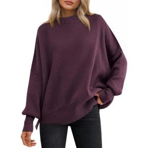 imageANRABESS Women Oversized Sweaters Batwing Long Sleeve 2025 Fall Outfits Crewneck Casual Knit Side Slit Fashion Pullover TopFuchsia