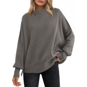 imageANRABESS Women Oversized Sweaters Batwing Long Sleeve 2025 Fall Outfits Crewneck Casual Knit Side Slit Fashion Pullover TopGrey Khaki