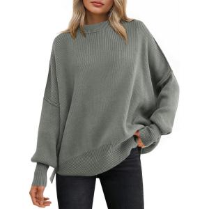 imageANRABESS Women Oversized Sweaters Batwing Long Sleeve 2025 Fall Outfits Crewneck Casual Knit Side Slit Fashion Pullover TopKhaki Green