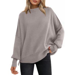 imageANRABESS Women Oversized Sweaters Batwing Long Sleeve 2025 Fall Outfits Crewneck Casual Knit Side Slit Fashion Pullover TopLight Grey Khaki