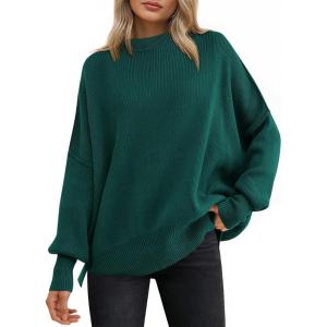 imageANRABESS Women Oversized Sweaters Batwing Long Sleeve 2025 Fall Outfits Crewneck Casual Knit Side Slit Fashion Pullover TopOpal Green